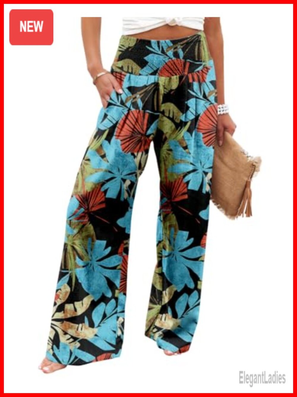 Elastic High Waisted Wide Leg Palazzo Lounge Pants with Pockets
